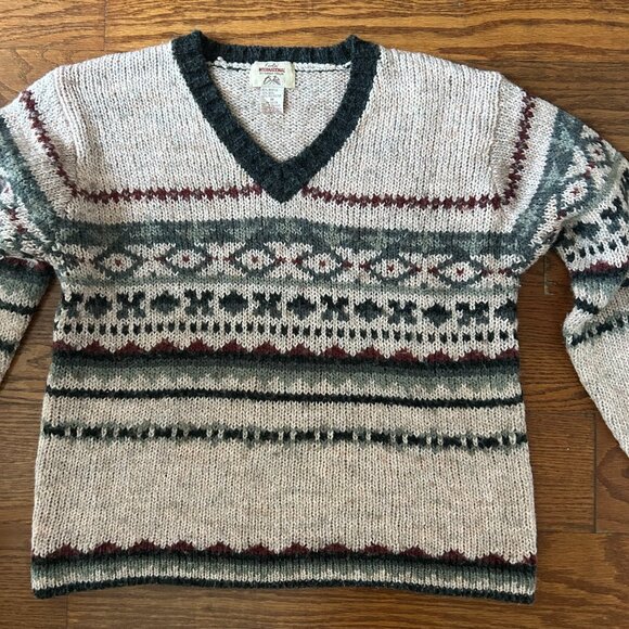 Vintage 90s Wool Blend Fisherman V-Neck Sweater Nordic Size Medium - Picture 5 of 10
